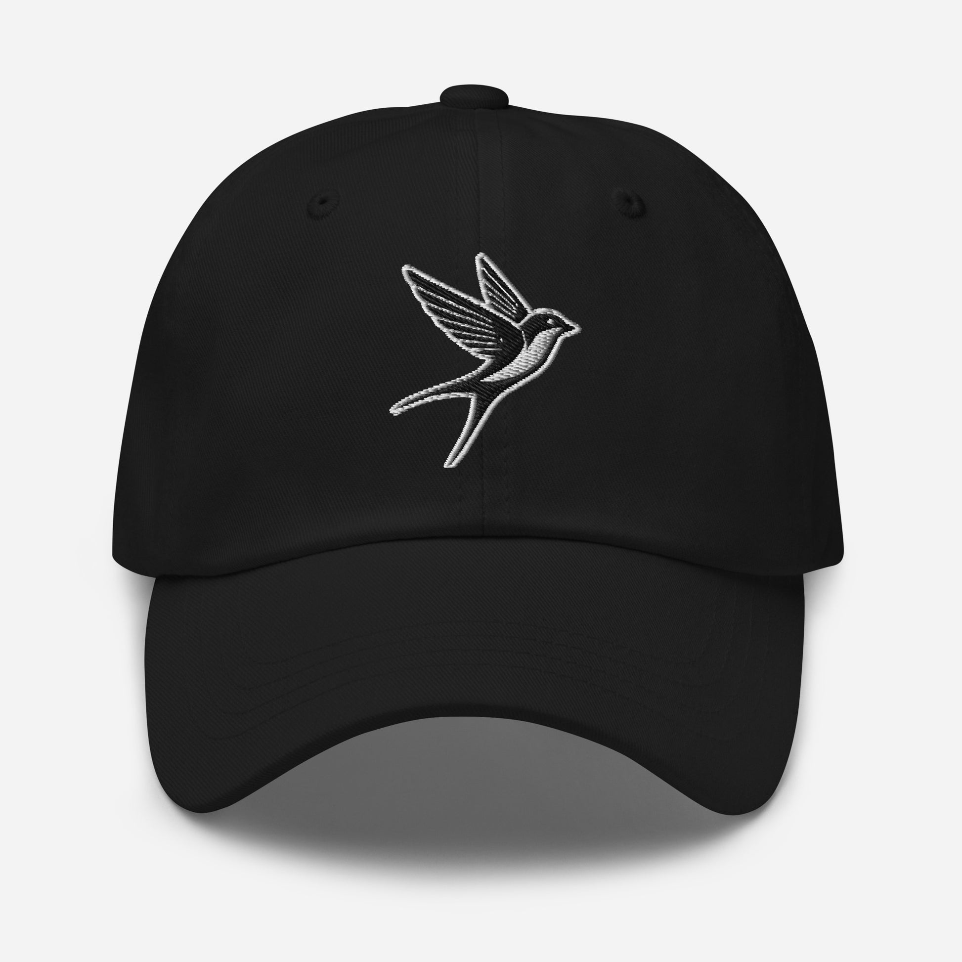 Dad Hat "SWALLOW" Black and White One Size adjustable,animal motif,bold design,casual style,dad hat,elegance,endurance,flight,freedom,iconic,journey,nature-inspired,premium quality,resilience,spirit animal,swallow,transformation,unique design,unisex