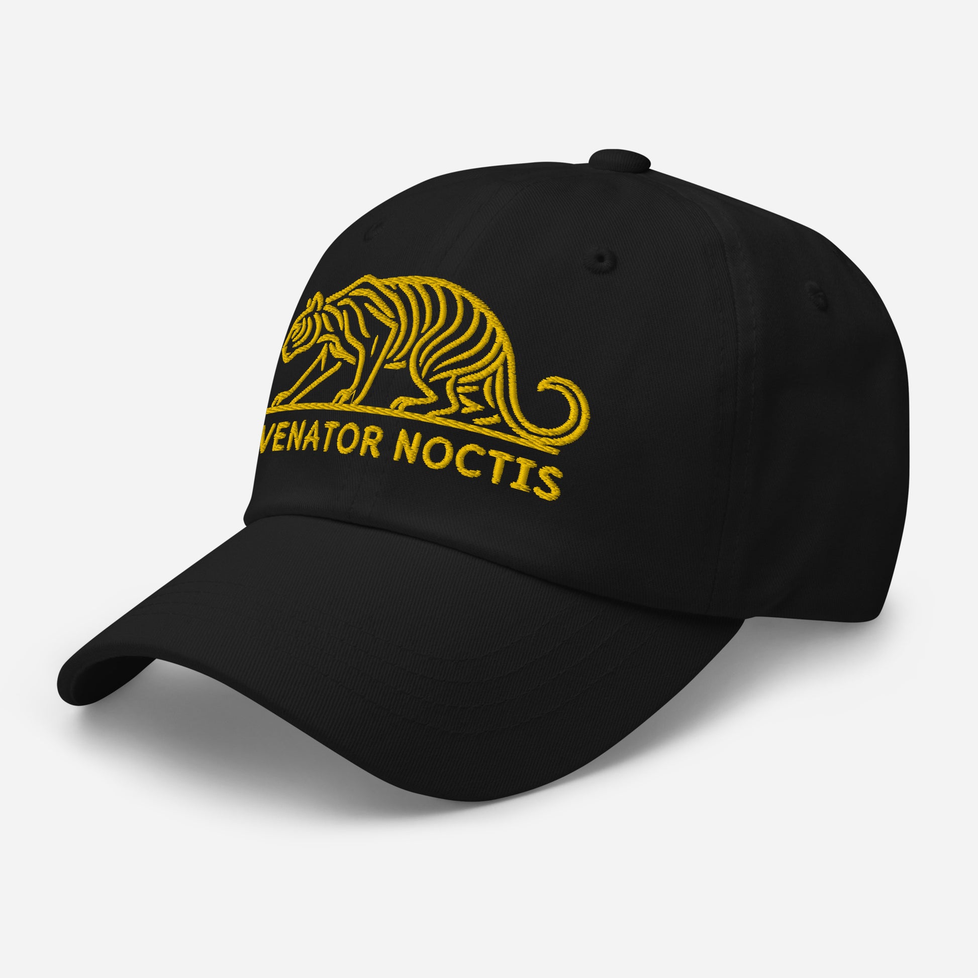 Dad Hat Tiger "VENATOR NOCTIS" Gold One Size adjustable,agility,animal motif,bold design,casual style,courage,dad hat,iconic,power,predator,premium quality,strength,tiger,unique design,unisex,untamed,wild