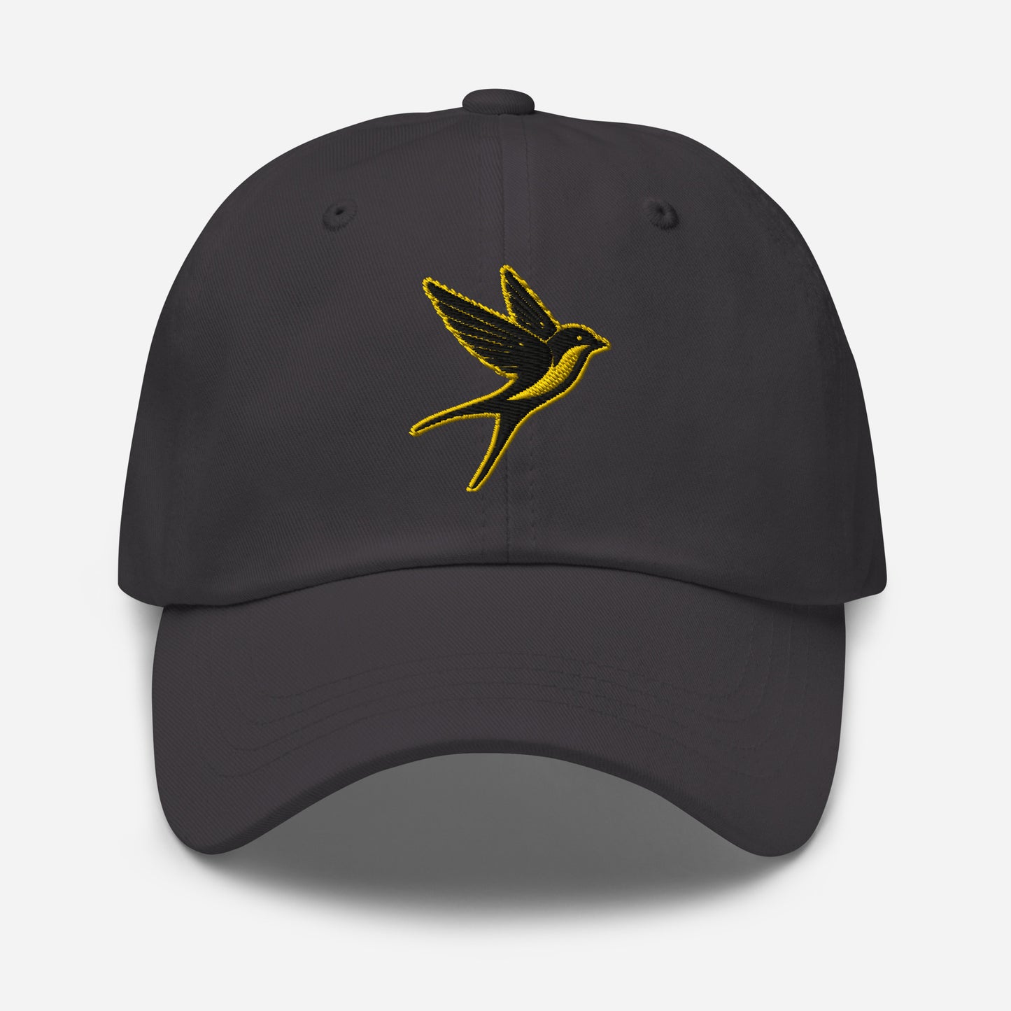 Dad Hat "SWALLOW" Black and Gold One Size adjustable,animal motif,bold design,casual style,dad hat,elegance,endurance,flight,freedom,iconic,journey,nature-inspired,premium quality,resilience,spirit animal,swallow,transformation,unique design,unisex