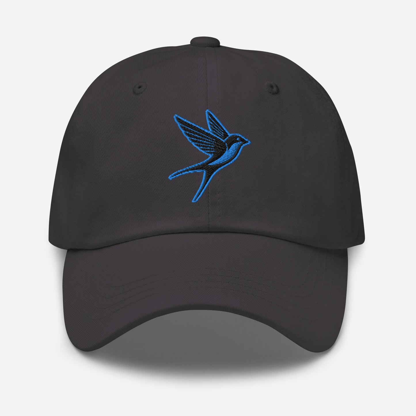 Dad Hat "SWALLOW" Black and Blue One Size adjustable,animal motif,bold design,casual style,dad hat,elegance,endurance,flight,freedom,iconic,journey,nature-inspired,premium quality,resilience,spirit animal,swallow,transformation,unique design,unisex