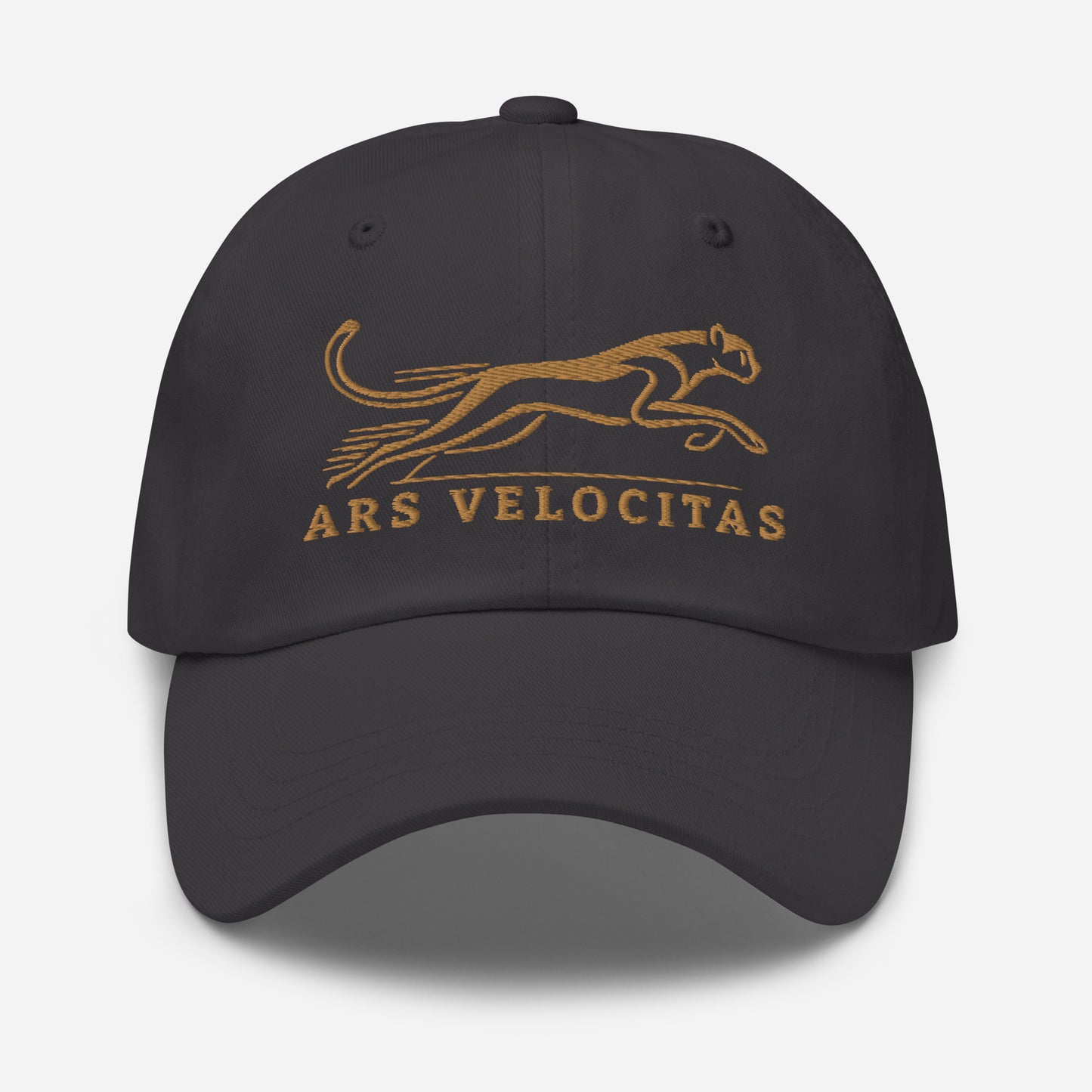 Dad Hat Cheetah "ARS VELOCITAS" Old Gold One Size adjustable,agility,animal motif,bold design,casual style,cheetah,dad hat,endurance,iconic,nature-inspired,predator,premium quality,resilience,speed,stealth,strength,unique design,unisex,velocity,wild