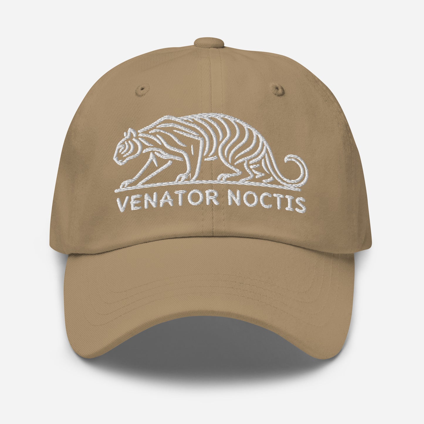 Dad Hat Tiger "VENATOR NOCTIS" White One Size adjustable,agility,animal motif,bold design,casual style,courage,dad hat,iconic,power,predator,premium quality,strength,tiger,unique design,unisex,untamed,wild