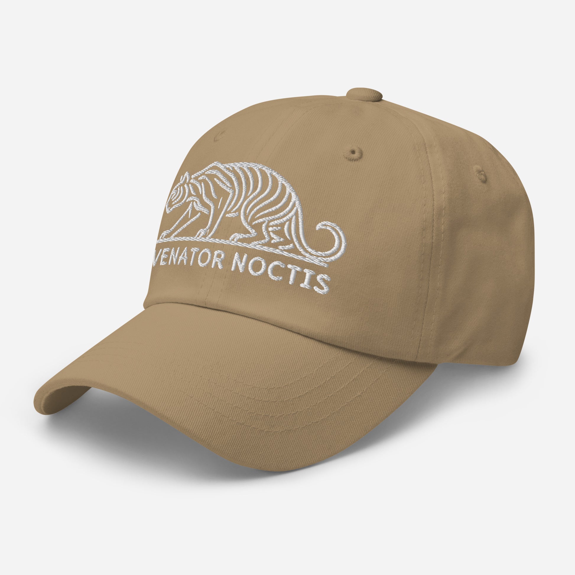 Dad Hat Tiger "VENATOR NOCTIS" White One Size adjustable,agility,animal motif,bold design,casual style,courage,dad hat,iconic,power,predator,premium quality,strength,tiger,unique design,unisex,untamed,wild