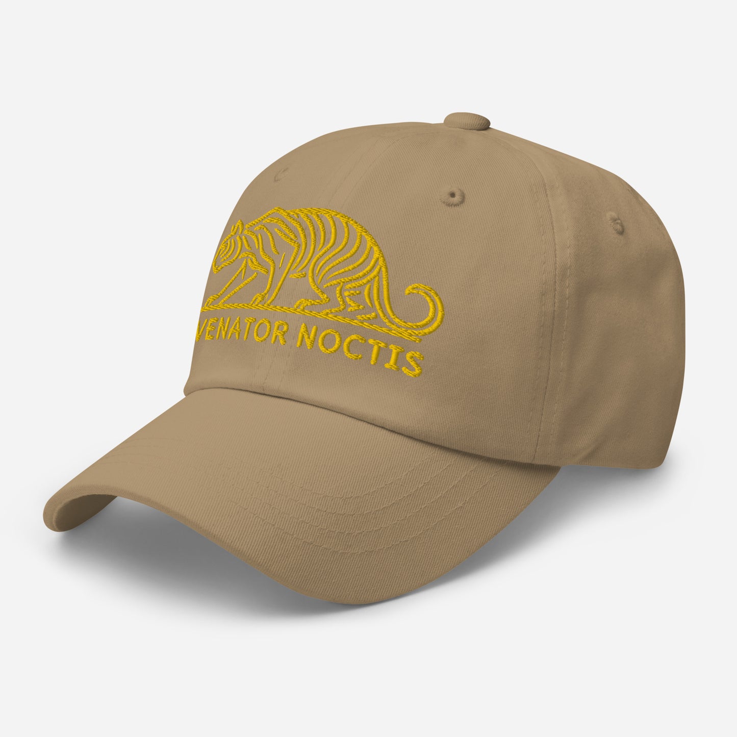 Dad Hat Tiger "VENATOR NOCTIS" Gold One Size adjustable,agility,animal motif,bold design,casual style,courage,dad hat,iconic,power,predator,premium quality,strength,tiger,unique design,unisex,untamed,wild