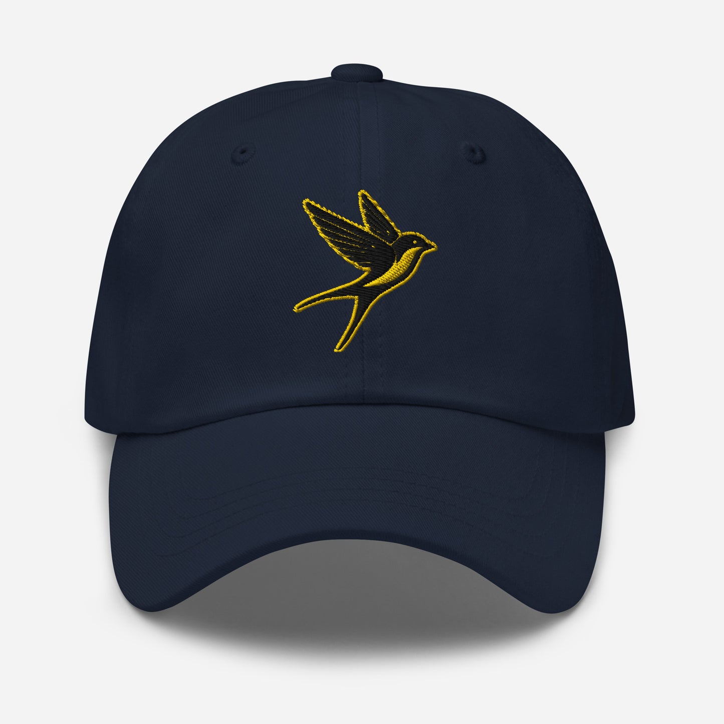 Dad Hat "SWALLOW" Black and Gold One Size adjustable,animal motif,bold design,casual style,dad hat,elegance,endurance,flight,freedom,iconic,journey,nature-inspired,premium quality,resilience,spirit animal,swallow,transformation,unique design,unisex