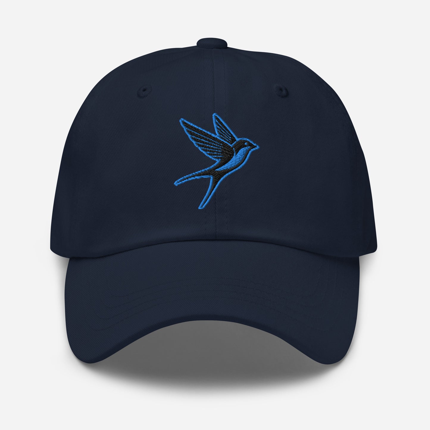 Dad Hat "SWALLOW" Black and Blue One Size adjustable,animal motif,bold design,casual style,dad hat,elegance,endurance,flight,freedom,iconic,journey,nature-inspired,premium quality,resilience,spirit animal,swallow,transformation,unique design,unisex