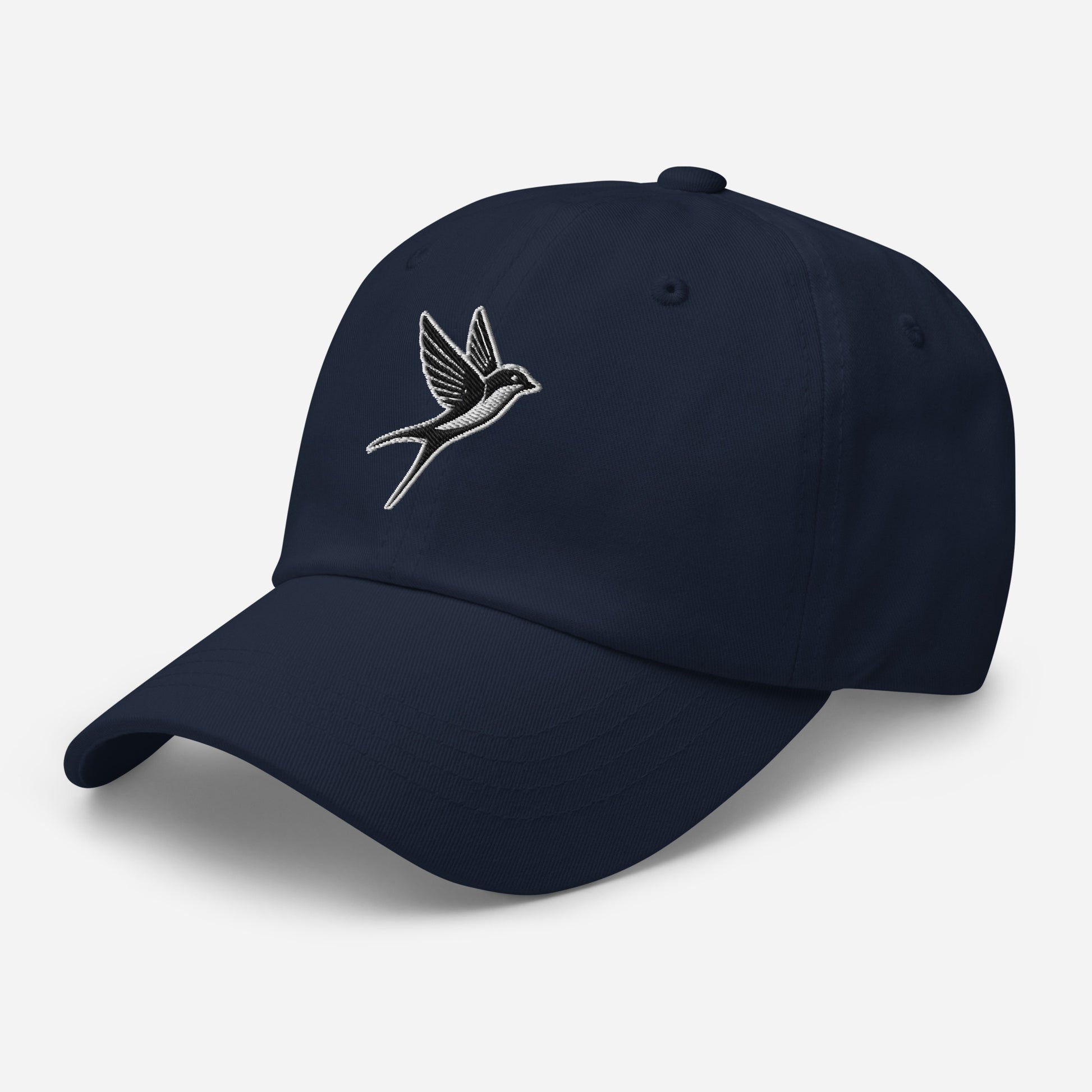 Dad Hat "SWALLOW" Black and White One Size adjustable,animal motif,bold design,casual style,dad hat,elegance,endurance,flight,freedom,iconic,journey,nature-inspired,premium quality,resilience,spirit animal,swallow,transformation,unique design,unisex