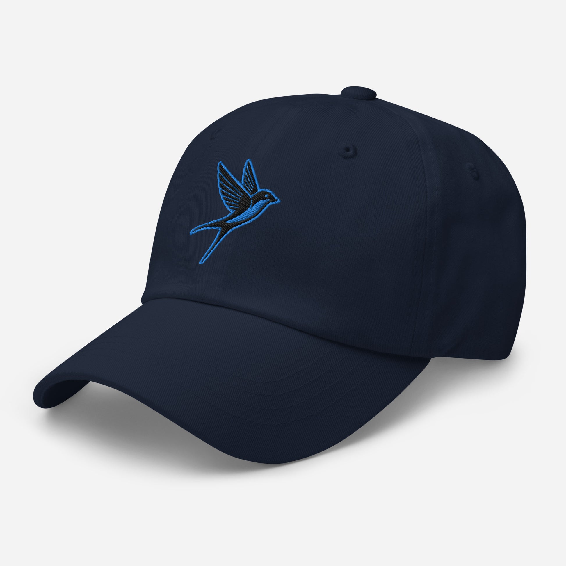 Dad Hat "SWALLOW" Black and Blue One Size adjustable,animal motif,bold design,casual style,dad hat,elegance,endurance,flight,freedom,iconic,journey,nature-inspired,premium quality,resilience,spirit animal,swallow,transformation,unique design,unisex