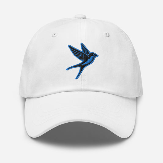 Dad Hat "SWALLOW" Black and Blue One Size adjustable,animal motif,bold design,casual style,dad hat,elegance,endurance,flight,freedom,iconic,journey,nature-inspired,premium quality,resilience,spirit animal,swallow,transformation,unique design,unisex