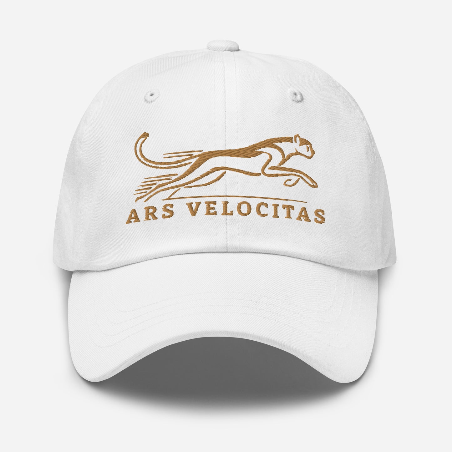 Dad Hat Cheetah "ARS VELOCITAS" Old Gold One Size adjustable,agility,animal motif,bold design,casual style,cheetah,dad hat,endurance,iconic,nature-inspired,predator,premium quality,resilience,speed,stealth,strength,unique design,unisex,velocity,wild