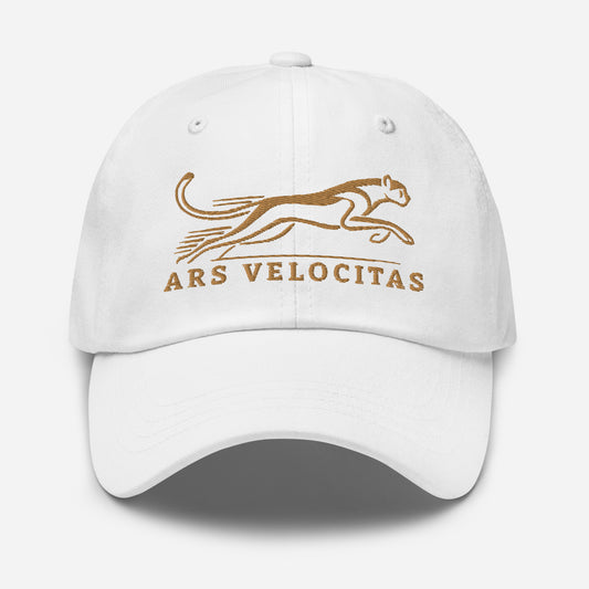 Dad Hat Cheetah "ARS VELOCITAS" Old Gold One Size adjustable,agility,animal motif,bold design,casual style,cheetah,dad hat,endurance,iconic,nature-inspired,predator,premium quality,resilience,speed,stealth,strength,unique design,unisex,velocity,wild