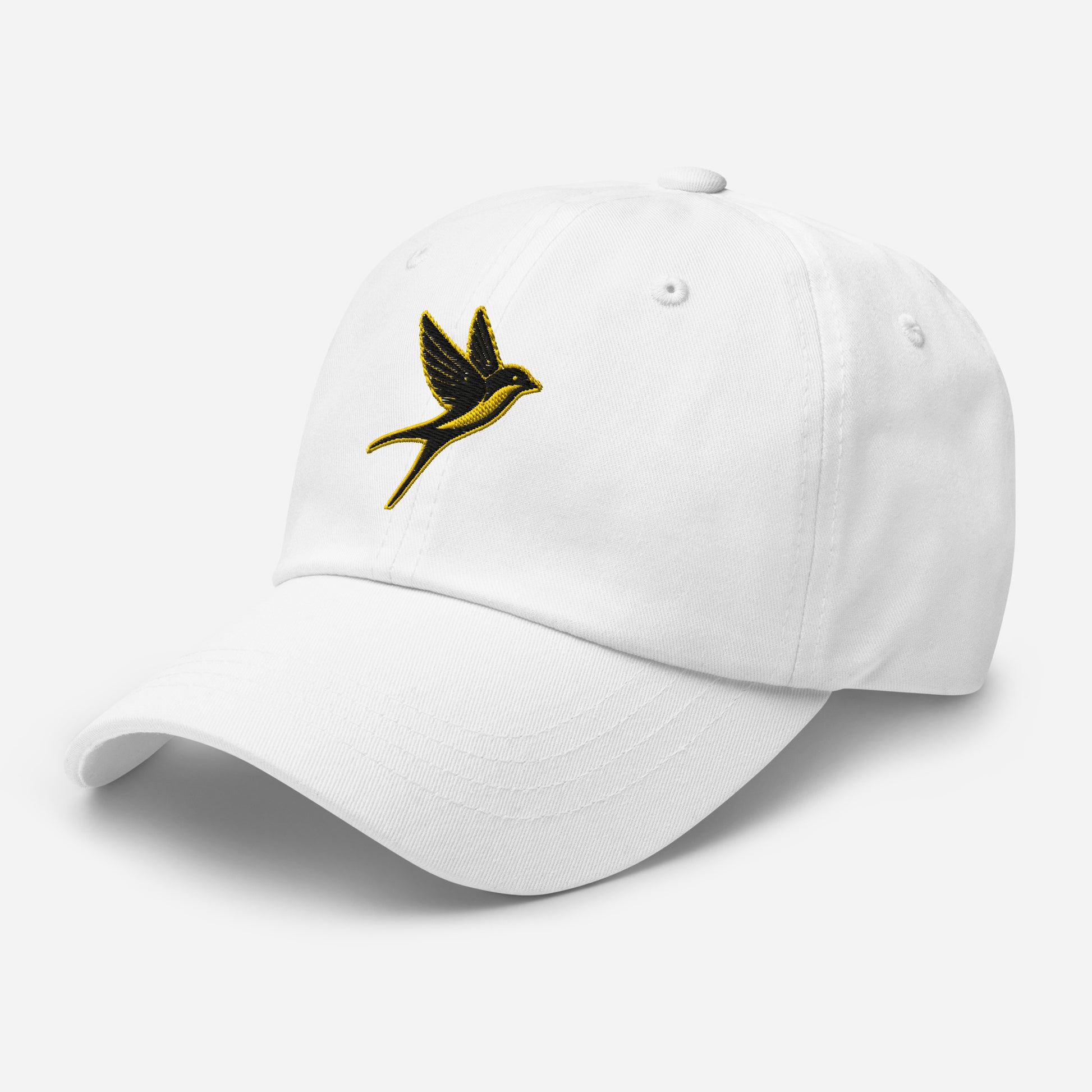 Dad Hat "SWALLOW" Black and Gold One Size adjustable,animal motif,bold design,casual style,dad hat,elegance,endurance,flight,freedom,iconic,journey,nature-inspired,premium quality,resilience,spirit animal,swallow,transformation,unique design,unisex