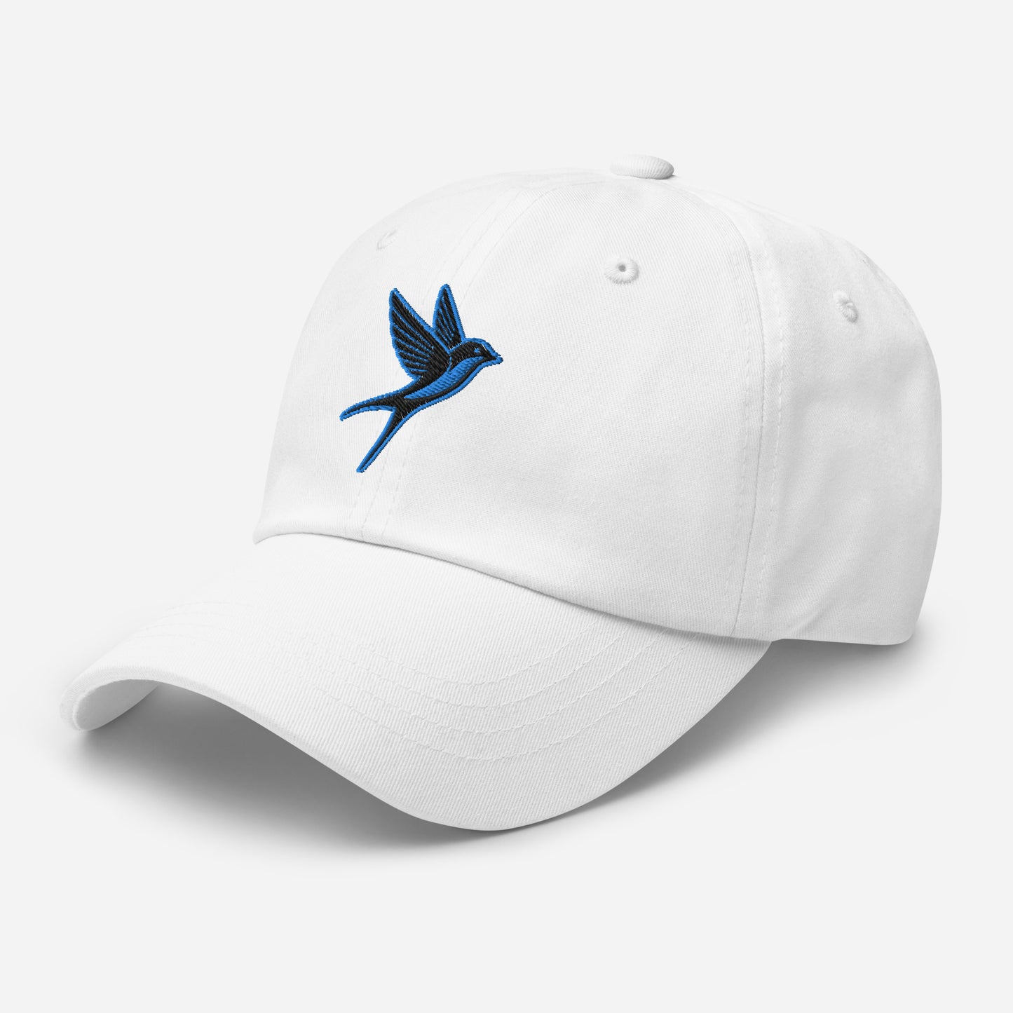 Dad Hat "SWALLOW" Black and Blue One Size adjustable,animal motif,bold design,casual style,dad hat,elegance,endurance,flight,freedom,iconic,journey,nature-inspired,premium quality,resilience,spirit animal,swallow,transformation,unique design,unisex