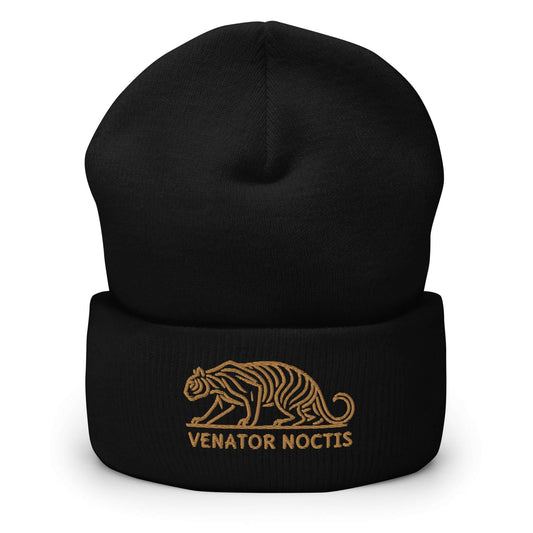 Cuffed Beanie Tiger "VENATOR NOCTIS" Old Gold One Size agility,animal motif,beanie,bold design,courage,iconic,motivational,nature-inspired,power,predator,strength,tiger,unique design,unisex,untamed,warmth,wild,winter wear