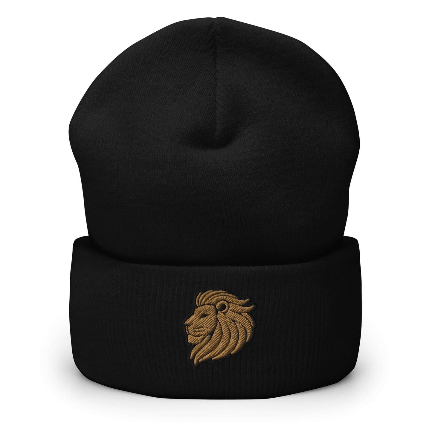 Cuffed Beanie "LION HEAD" Old Gold One Size animal motif,beanie,bold design,courage,iconic,leadership,lion,majesty,motivational,nature,nature-inspired,noble,power,strength,unique design,unisex,warmth,winter wear