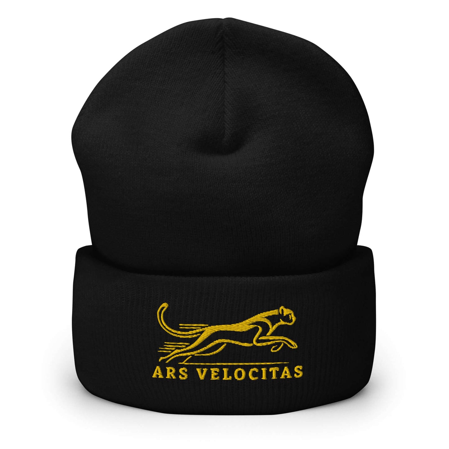 Cuffed Beanie Cheetah "ARS VELOCITAS" Gold One Size agility,animal motif,beanie,bold design,cheetah,endurance,iconic,motivational,nature-inspired,predator,resilience,speed,stealth,strength,unique design,unisex,velocity,warmth,wild,winter wear