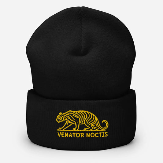 Cuffed Beanie Tiger "VENATOR NOCTIS" Gold One Size agility,animal motif,beanie,bold design,courage,iconic,motivational,nature-inspired,power,predator,strength,tiger,unique design,unisex,untamed,warmth,wild,winter wear