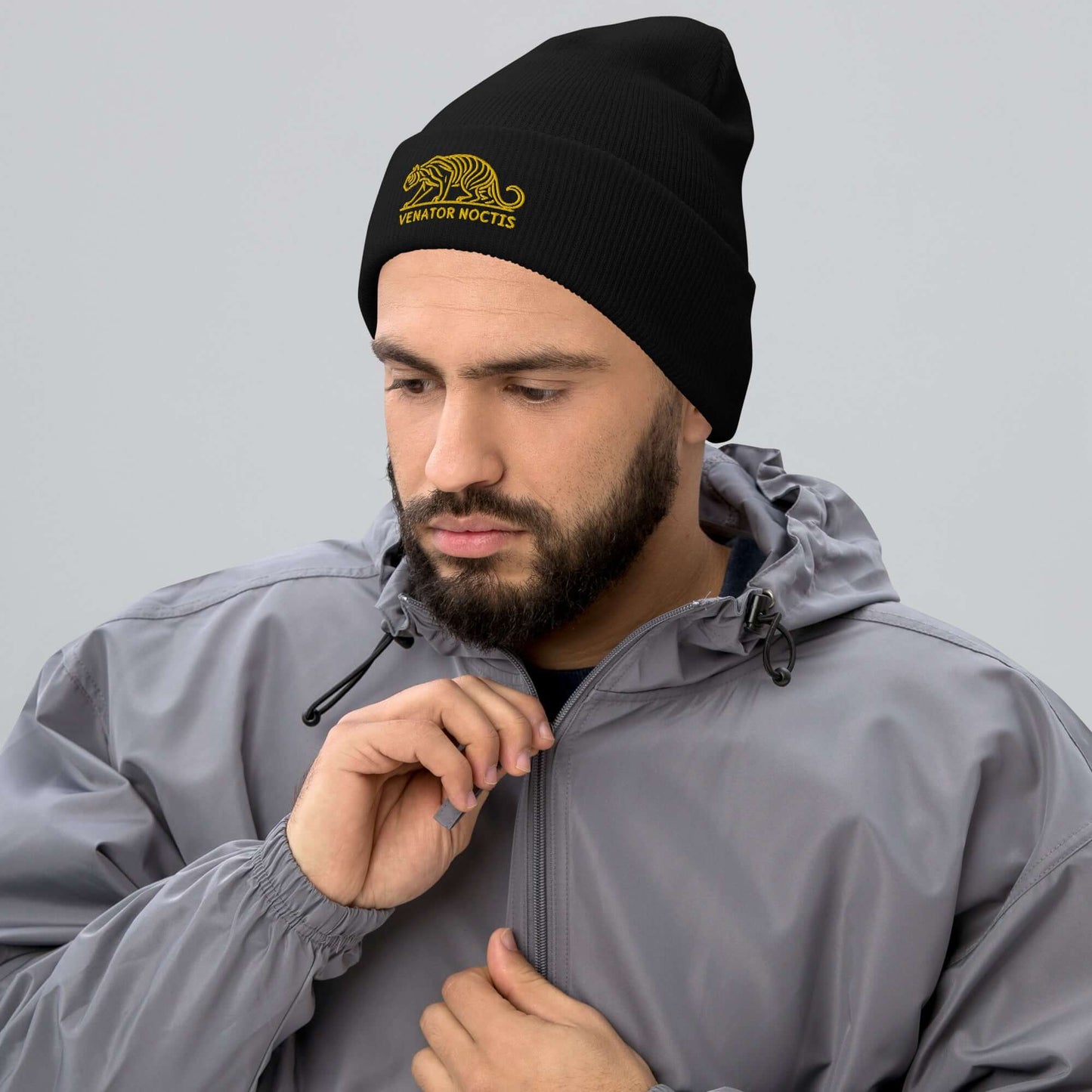 Cuffed Beanie Tiger "VENATOR NOCTIS" Gold One Size agility,animal motif,beanie,bold design,courage,iconic,motivational,nature-inspired,power,predator,strength,tiger,unique design,unisex,untamed,warmth,wild,winter wear