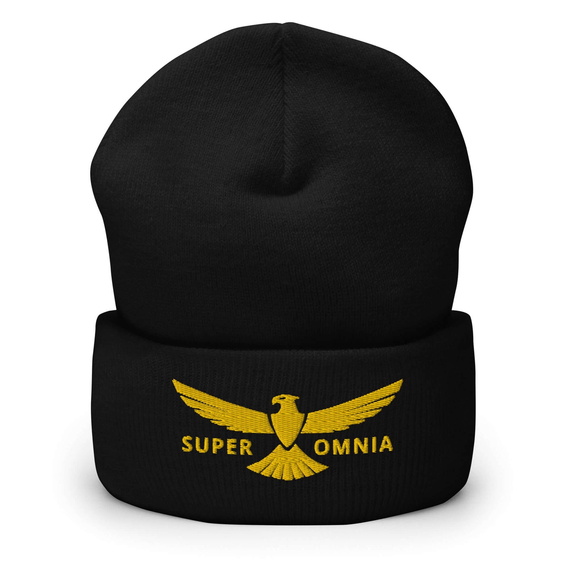 Cuffed Beanie Eagle "SUPER OMNIA" Gold One Size above all,animal motif,beanie,bold design,eagle,focus,freedom,iconic,independence,motivational,nature-inspired,resilience,soar,strength,unique design,unisex,vision,warmth,winter wear