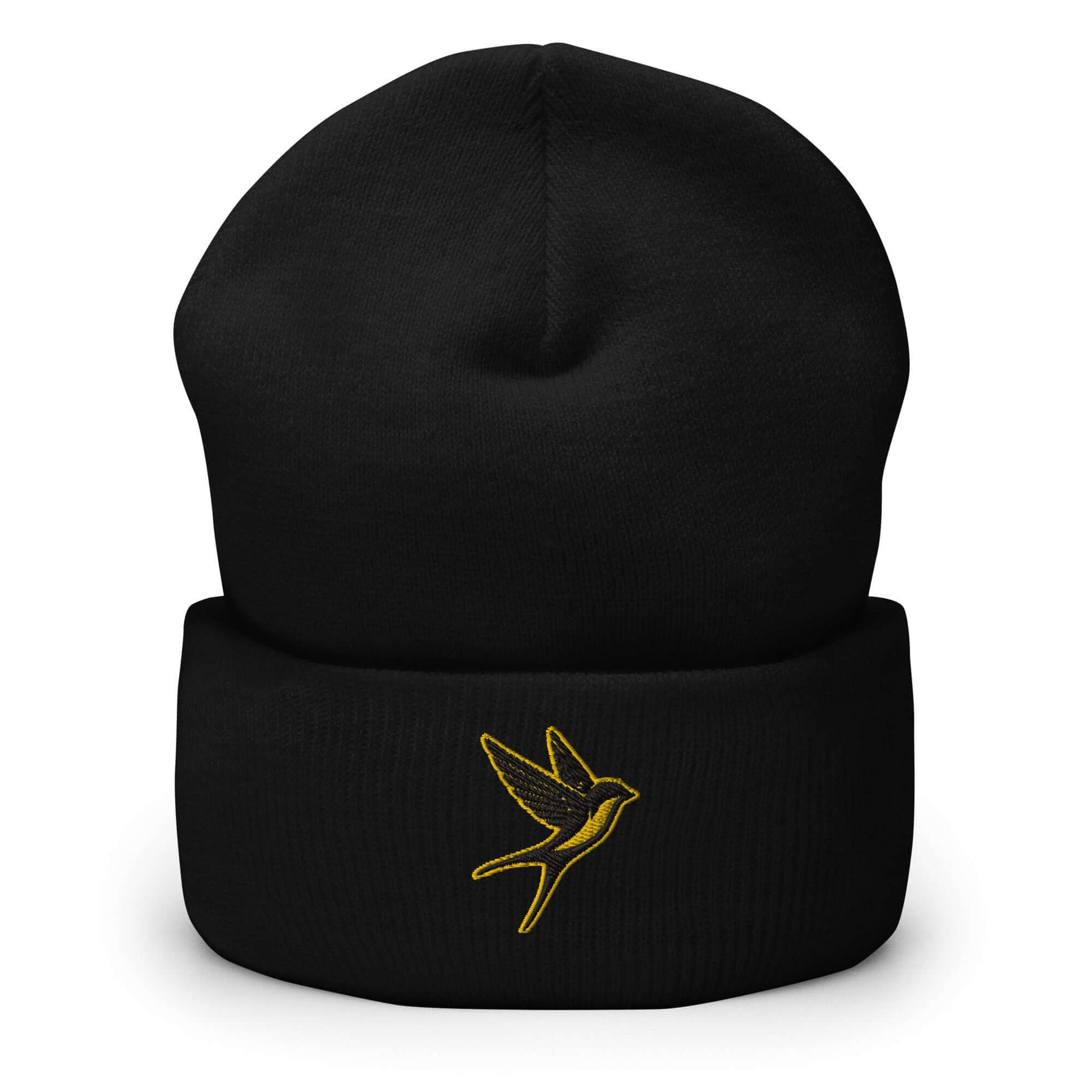 Cuffed Beanie "SWALLOW" Gold One Size animal motif,beanie,bold design,elegance,endurance,flight,freedom,iconic,journey,motivational,nature-inspired,resilience,spirit animal,swallow,transformation,unique design,unisex,warmth,winter wear