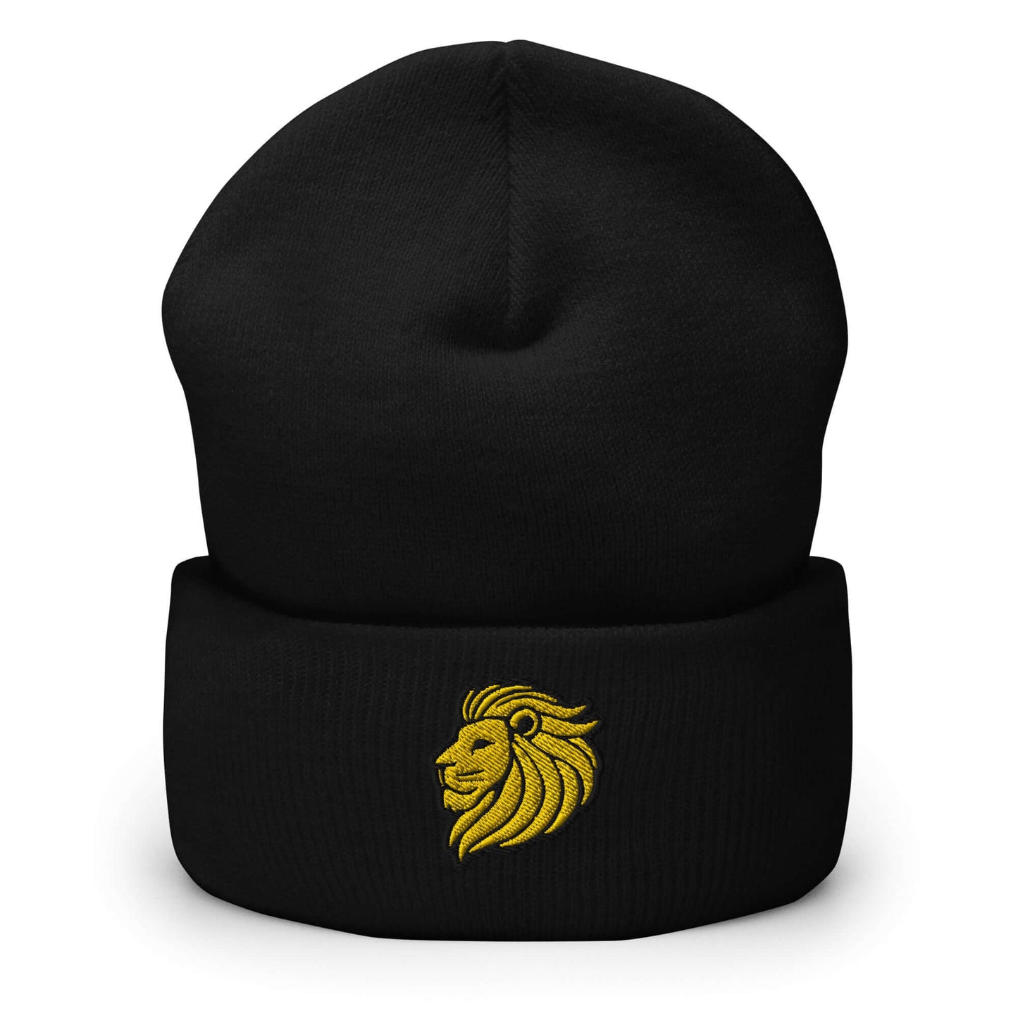 Cuffed Beanie "LION HEAD" Gold One Size animal motif,beanie,bold design,courage,iconic,leadership,lion,majesty,motivational,nature,nature-inspired,noble,power,strength,unique design,unisex,warmth,winter wear