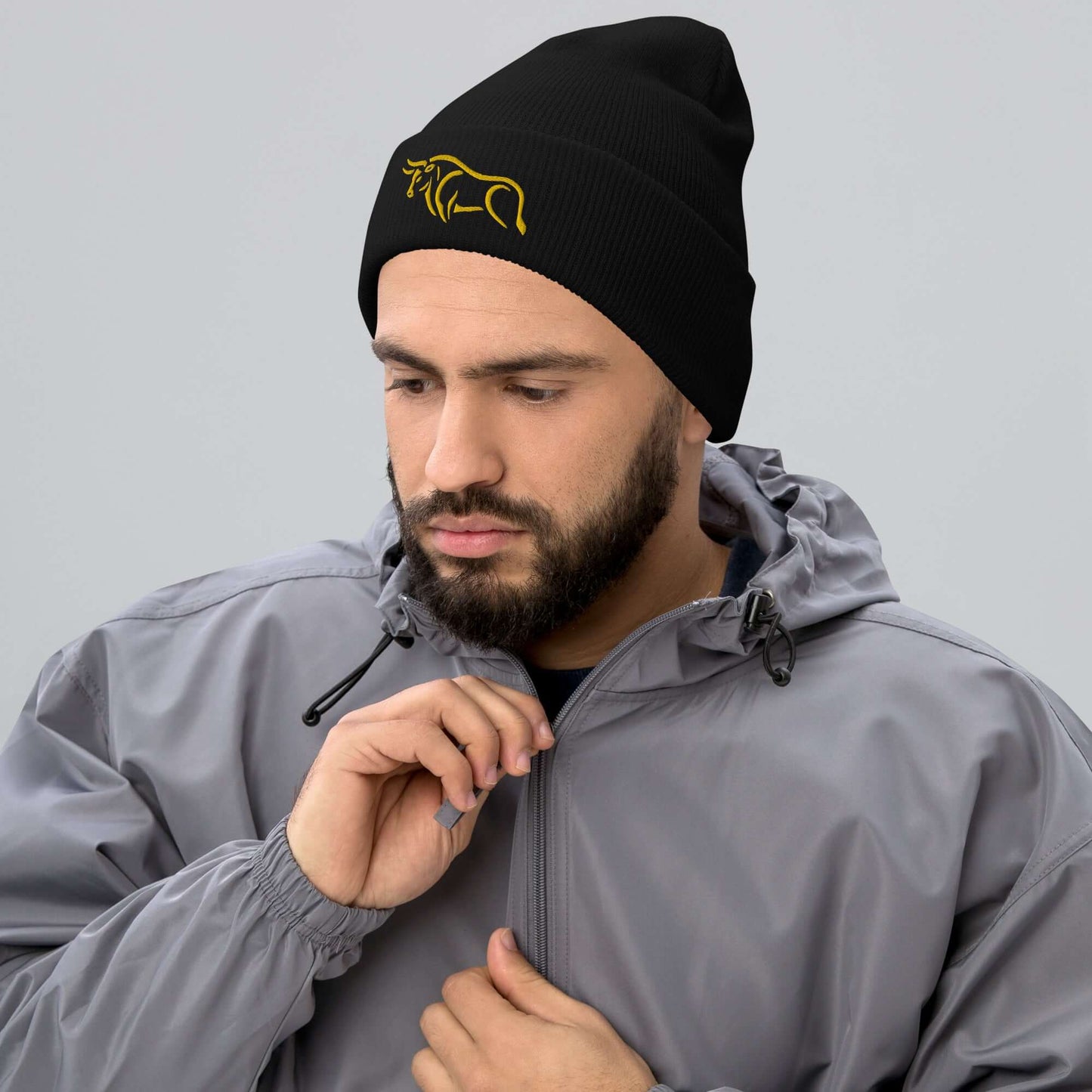 Cuffed Beanie "BULL SPIRIT 2" Gold One Size animal motif,beanie,bold design,bull,endurance,iconic,motivational,nature-inspired,power,resilience,spirit,strength,unique design,unisex,warmth,winter wear