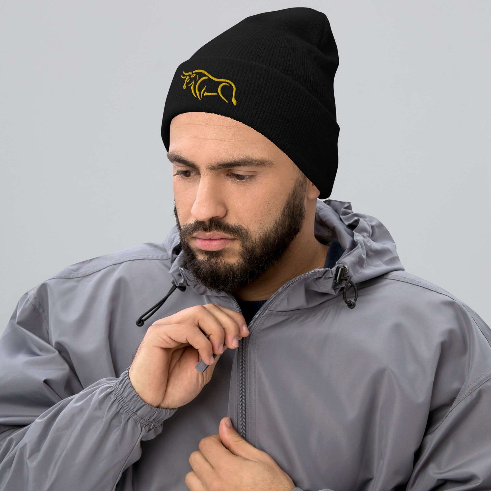 Cuffed Beanie "BULL SPIRIT 2" Gold One Size animal motif,beanie,bold design,bull,endurance,iconic,motivational,nature-inspired,power,resilience,spirit,strength,unique design,unisex,warmth,winter wear