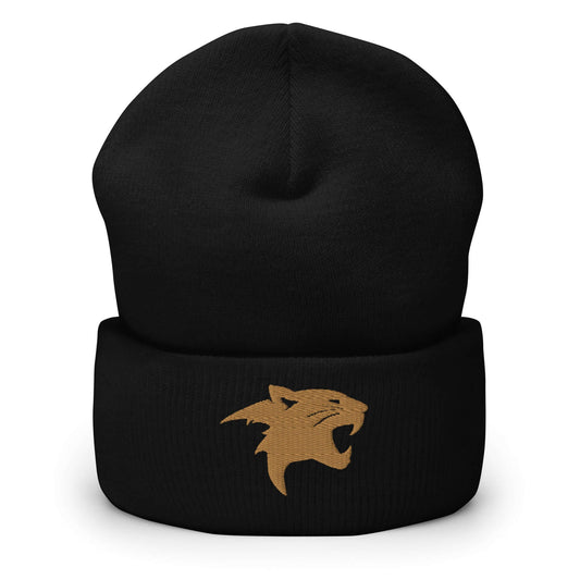 Cuffed Beanie "Panther Head" Old Gold One Size agility,animal motif,beanie,beast mode,bold design,iconic,motivational,nature-inspired,panther,power,stealth,strength,unique design,unisex,warmth,wild,winter wear