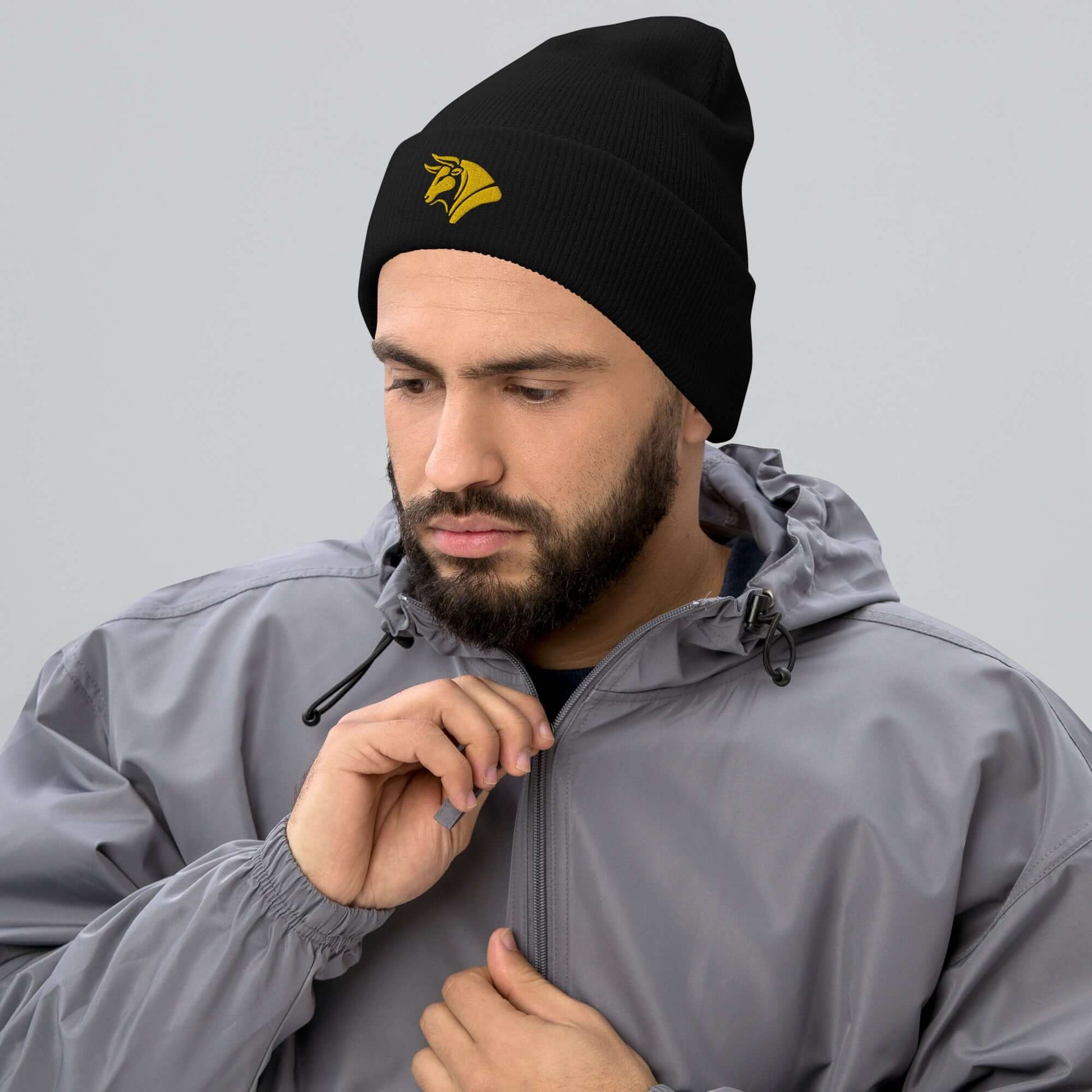 Cuffed Beanie "BULL SPIRIT 1" Gold One Size animal motif,beanie,bold design,bull,endurance,iconic,motivational,nature-inspired,power,resilience,spirit,strength,unique design,unisex,warmth,winter wear