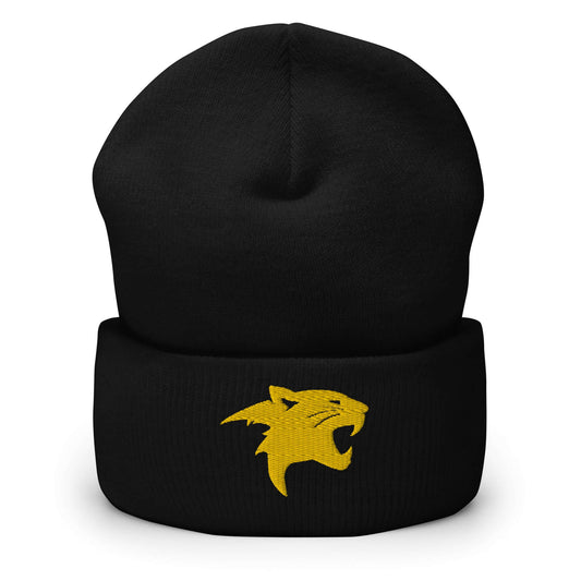 Cuffed Beanie "Panther Head" Gold One Size agility,animal motif,beanie,beast mode,bold design,iconic,motivational,nature-inspired,panther,power,stealth,strength,unique design,unisex,warmth,wild,winter wear