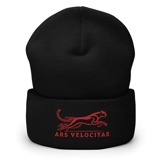 Cuffed Beanie Cheetah "ARS VELOCITAS" Red One Size agility,animal motif,beanie,bold design,cheetah,endurance,iconic,motivational,nature-inspired,predator,resilience,speed,stealth,strength,unique design,unisex,velocity,warmth,wild,winter wear