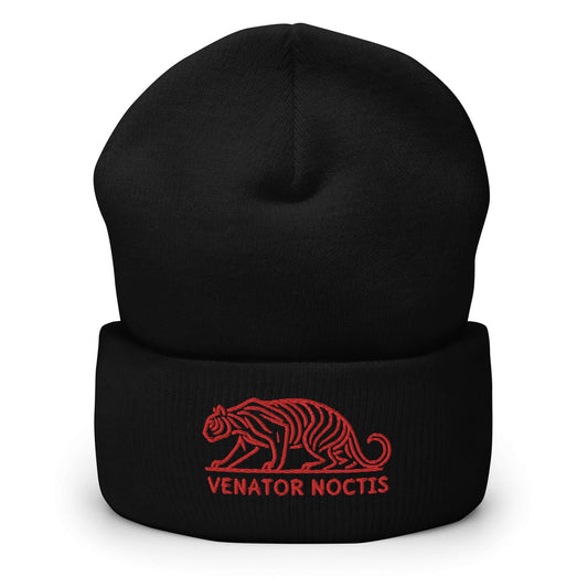 Cuffed Beanie Tiger "VENATOR NOCTIS" Red One Size agility,animal motif,beanie,bold design,courage,iconic,motivational,nature-inspired,power,predator,strength,tiger,unique design,unisex,untamed,warmth,wild,winter wear