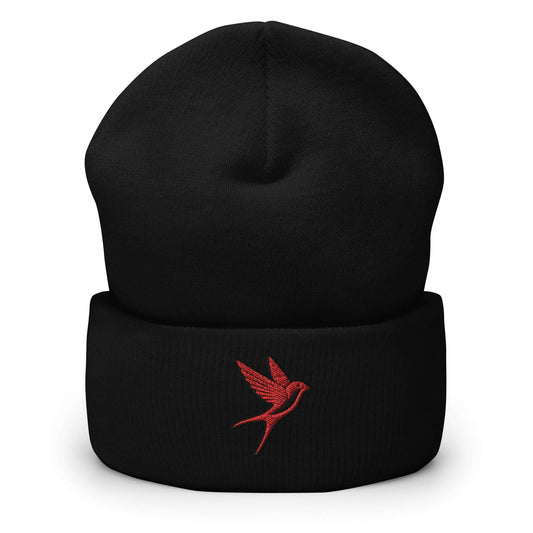 Cuffed Beanie "SWALLOW" Red One Size animal motif,beanie,bold design,elegance,endurance,flight,freedom,iconic,journey,motivational,nature-inspired,resilience,spirit animal,swallow,transformation,unique design,unisex,warmth,winter wear