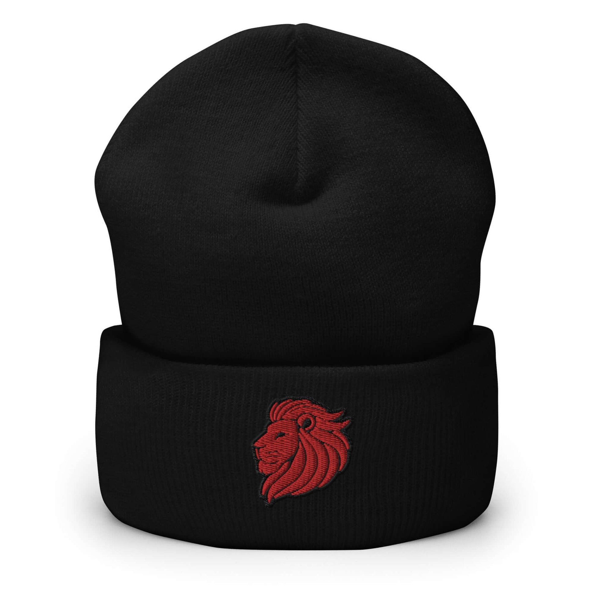 Cuffed Beanie "LION HEAD" Red One Size animal motif,beanie,bold design,courage,iconic,leadership,lion,majesty,motivational,nature,nature-inspired,noble,power,strength,unique design,unisex,warmth,winter wear