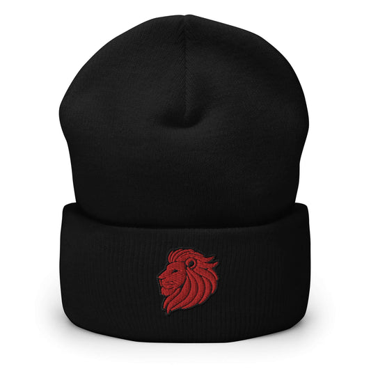 Cuffed Beanie "LION HEAD" Red One Size animal motif,beanie,bold design,courage,iconic,leadership,lion,majesty,motivational,nature,nature-inspired,noble,power,strength,unique design,unisex,warmth,winter wear