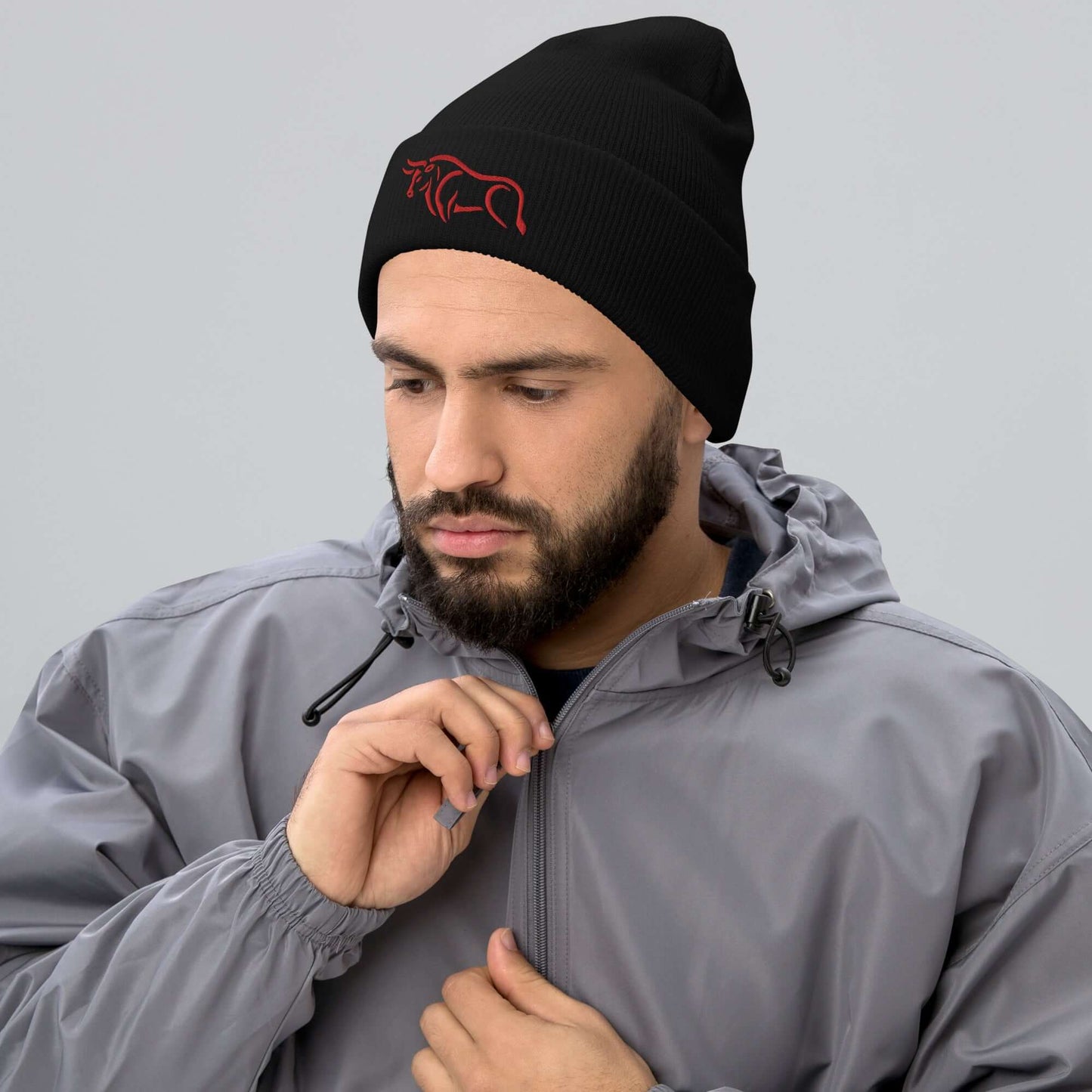 Cuffed Beanie "BULL SPIRIT 2" Red One Size animal motif,beanie,bold design,bull,endurance,iconic,motivational,nature-inspired,power,resilience,spirit,strength,unique design,unisex,warmth,winter wear