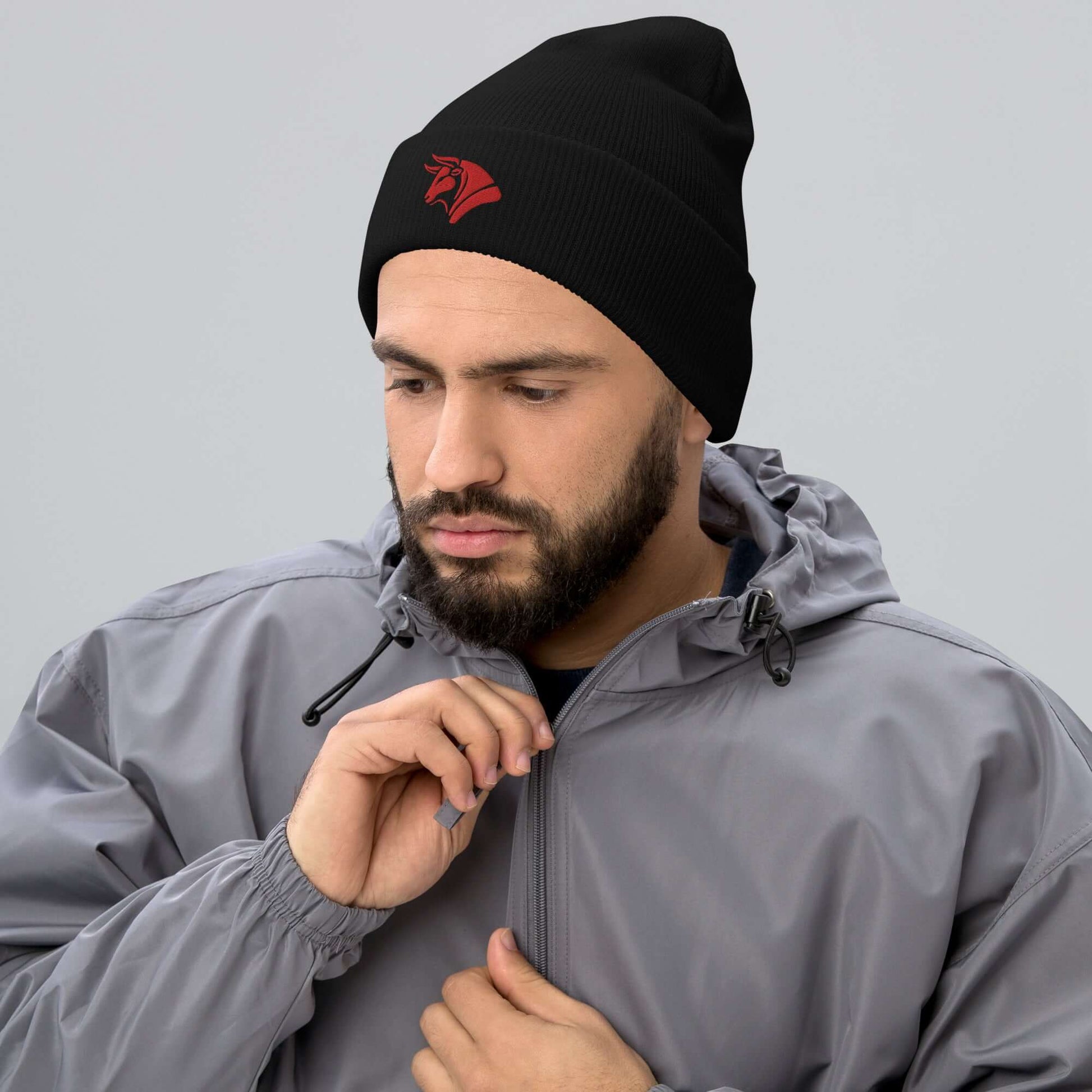 Cuffed Beanie "BULL SPIRIT 1" Red One Size animal motif,beanie,bold design,bull,endurance,iconic,motivational,nature-inspired,power,resilience,spirit,strength,unique design,unisex,warmth,winter wear