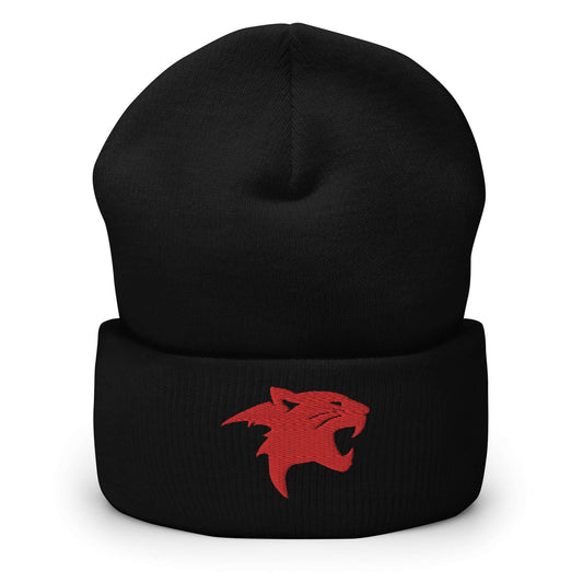 Cuffed Beanie "Panther Head" Red One Size agility,animal motif,beanie,beast mode,bold design,iconic,motivational,nature-inspired,panther,power,stealth,strength,unique design,unisex,warmth,wild,winter wear