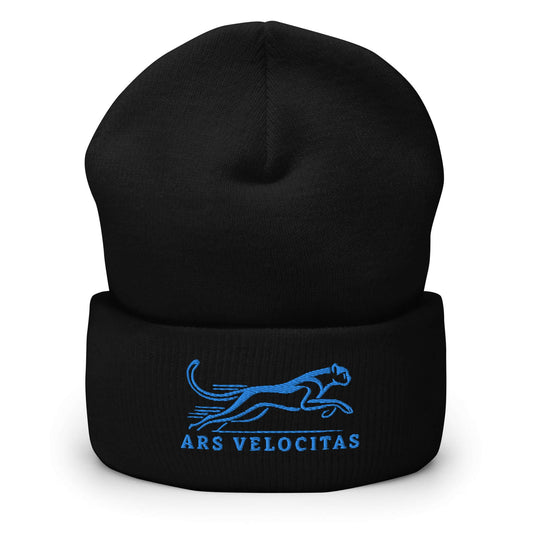 Cuffed Beanie Cheetah "ARS VELOCITAS" Blue One Size agility,animal motif,beanie,bold design,cheetah,endurance,iconic,motivational,nature-inspired,predator,resilience,speed,stealth,strength,unique design,unisex,velocity,warmth,wild,winter wear