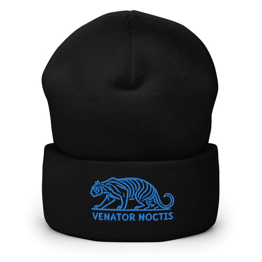 Cuffed Beanie Tiger "VENATOR NOCTIS" Blue One Size agility,animal motif,beanie,bold design,courage,iconic,motivational,nature-inspired,power,predator,strength,tiger,unique design,unisex,untamed,warmth,wild,winter wear