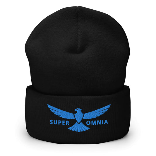 Cuffed Beanie Eagle "SUPER OMNIA" Blue One Size above all,animal motif,beanie,bold design,eagle,focus,freedom,iconic,independence,motivational,nature-inspired,resilience,soar,strength,unique design,unisex,vision,warmth,winter wear