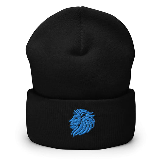 Cuffed Beanie "LION HEAD" Blue One Size animal motif,beanie,bold design,courage,iconic,leadership,lion,majesty,motivational,nature,nature-inspired,noble,power,strength,unique design,unisex,warmth,winter wear