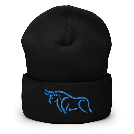 Cuffed Beanie "BULL SPIRIT 2" Blue One Size animal motif,beanie,bold design,bull,endurance,iconic,motivational,nature-inspired,power,resilience,spirit,strength,unique design,unisex,warmth,winter wear