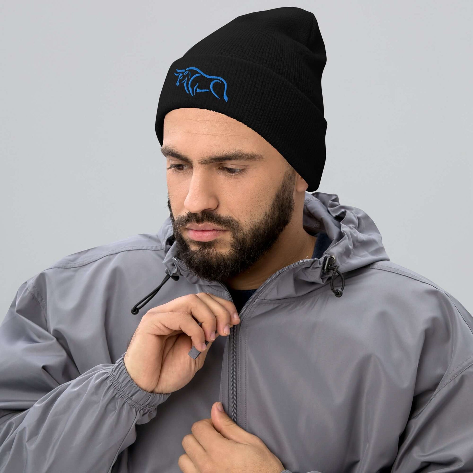 Cuffed Beanie "BULL SPIRIT 2" Blue One Size animal motif,beanie,bold design,bull,endurance,iconic,motivational,nature-inspired,power,resilience,spirit,strength,unique design,unisex,warmth,winter wear