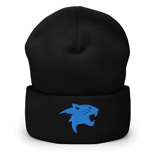 Cuffed Beanie "Panther Head" Blue One Size agility,animal motif,beanie,beast mode,bold design,iconic,motivational,nature-inspired,panther,power,stealth,strength,unique design,unisex,warmth,wild,winter wear