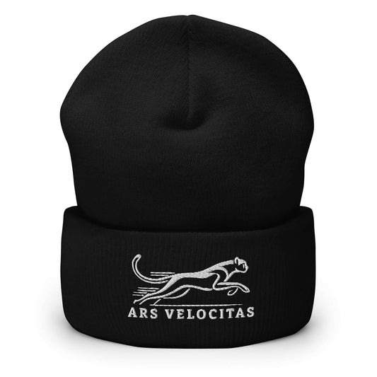 Cuffed Beanie Cheetah "ARS VELOCITAS" White One Size agility,animal motif,beanie,bold design,cheetah,endurance,iconic,motivational,nature-inspired,predator,resilience,speed,stealth,strength,unique design,unisex,velocity,warmth,wild,winter wear