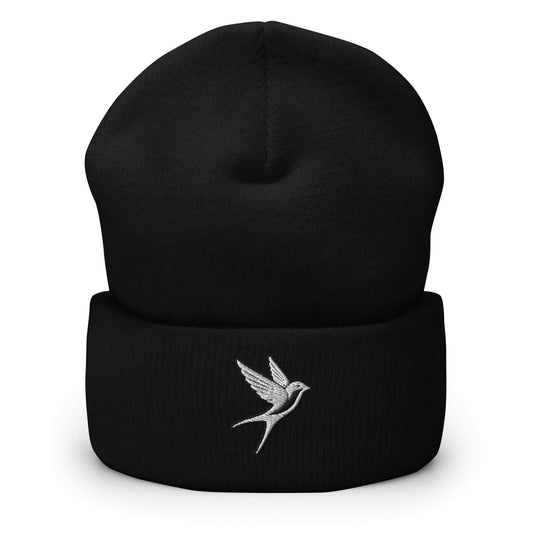 Cuffed Beanie "SWALLOW" White One Size animal motif,beanie,bold design,elegance,endurance,flight,freedom,iconic,journey,motivational,nature-inspired,resilience,spirit animal,swallow,transformation,unique design,unisex,warmth,winter wear