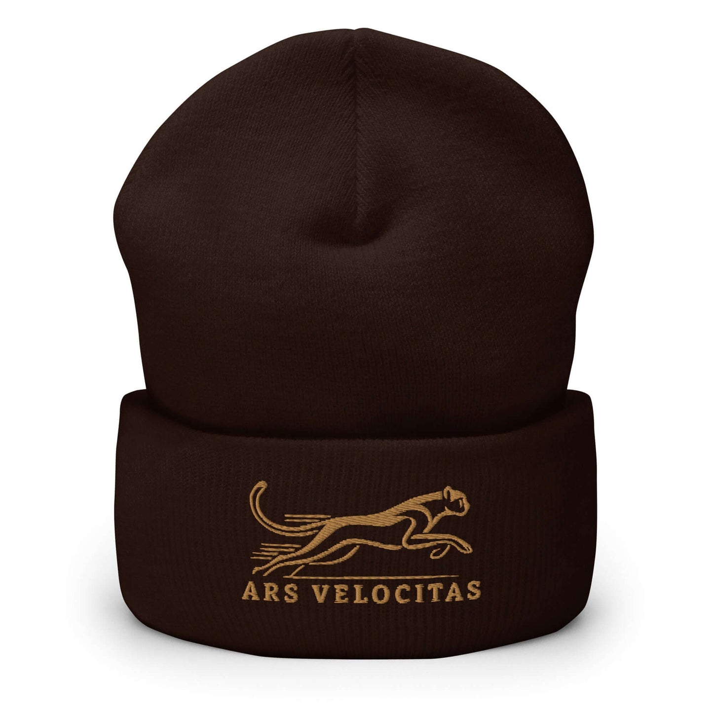 Cuffed Beanie Cheetah "ARS VELOCITAS" Old Gold One Size agility,animal motif,beanie,bold design,cheetah,endurance,iconic,motivational,nature-inspired,predator,resilience,speed,stealth,strength,unique design,unisex,velocity,warmth,wild,winter wear