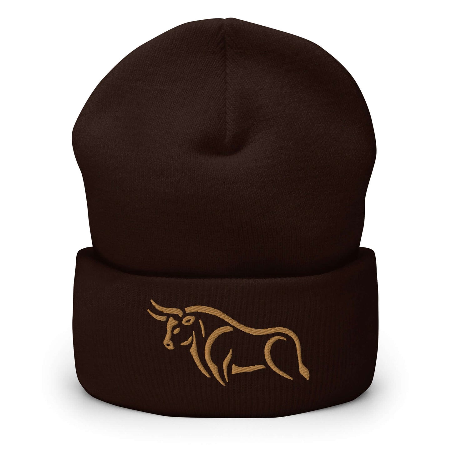 Cuffed Beanie "BULL SPIRIT 2" Old Gold One Size animal motif,beanie,bold design,bull,endurance,iconic,motivational,nature-inspired,power,resilience,spirit,strength,unique design,unisex,warmth,winter wear