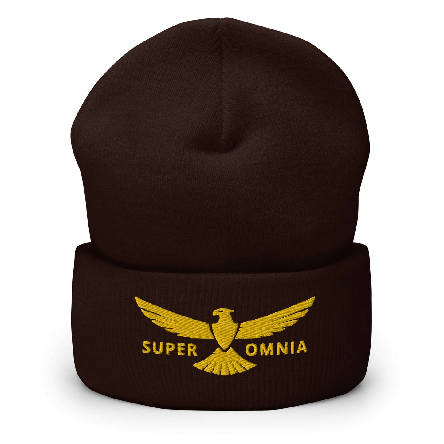 Cuffed Beanie Eagle "SUPER OMNIA" Gold One Size above all,animal motif,beanie,bold design,eagle,focus,freedom,iconic,independence,motivational,nature-inspired,resilience,soar,strength,unique design,unisex,vision,warmth,winter wear